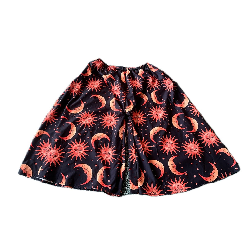 Handmade Celestial Sun Moon Wide Leg Culotte Pants Black Orange Print SZ S/M
